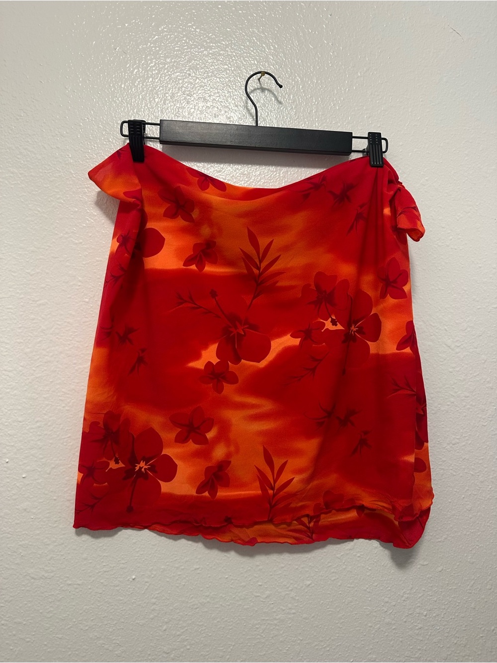 Tropical Red-Orange Floral Wrap Skirt Beach Coverup